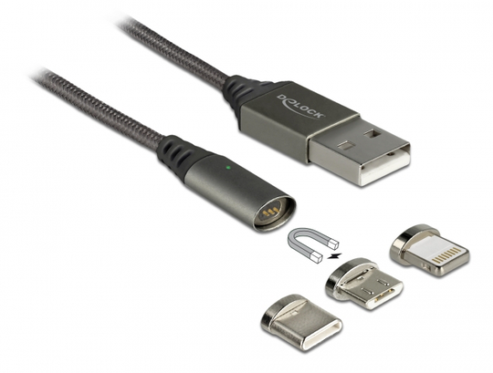 Magnetic USB Charging Cable Set For 8 Pin / Micro USB / USB Type-C™ Anthracite 1 M