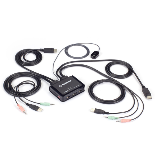 BLACK BOX 4K60 DISPLAYPORT CABLE KVM SWITCH - 2-PORT WITH BUTTON SWITCH, AUDIO & MIC