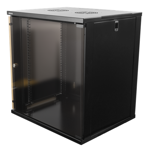 19" Räkkikaappi, 12U, 540 X 450 Mm, Toimii Lattiamallisena Tai Seinälle Asennettuna, Lasiovi, Must