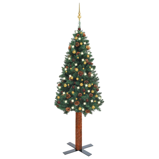 vidaXL Ohut joulukuusi LED-valoilla ja palloilla vihreä 210 cm
