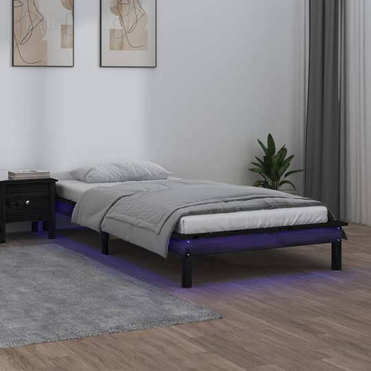 vidaXL Sängynrunko LED-valoilla musta 100x200 cm täysi puu