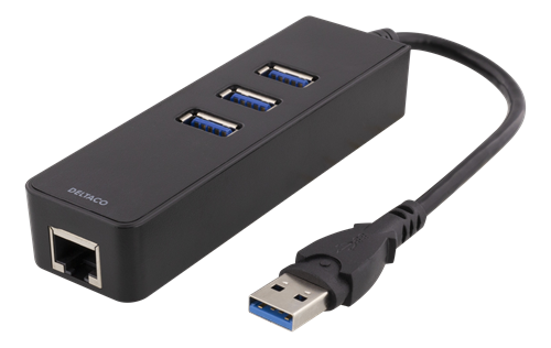 USB 3.0 -verkkosovitin, 10/100/1000 Mbps, 1 X RJ45, 1 X USB 3.0 Type A Uros, 3 X USB 3.0 Type A Naar