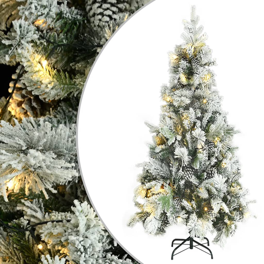 vidaXL Tekojoulukuusi lumihuurre / LED-valot / kävyt 225 cm PVC ja PE
