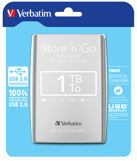 Store'n'Go, External Hard Drive, 1TB, 2.5", USB 3.0, Silver