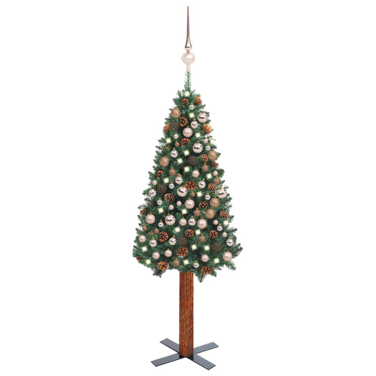 vidaXL Ohut joulukuusi LED-valoilla ja palloilla vihreä 210 cm PVC