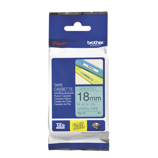 Merkkausnauha Brother TZE741 18mm, musta vihreällä pohjalla