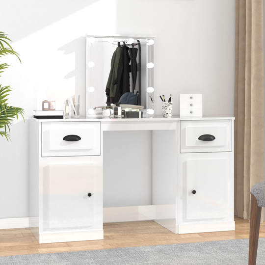 vidaXL Peilipöytä LED-valoilla korkeakiilto valkoinen 130x50x132,5 cm