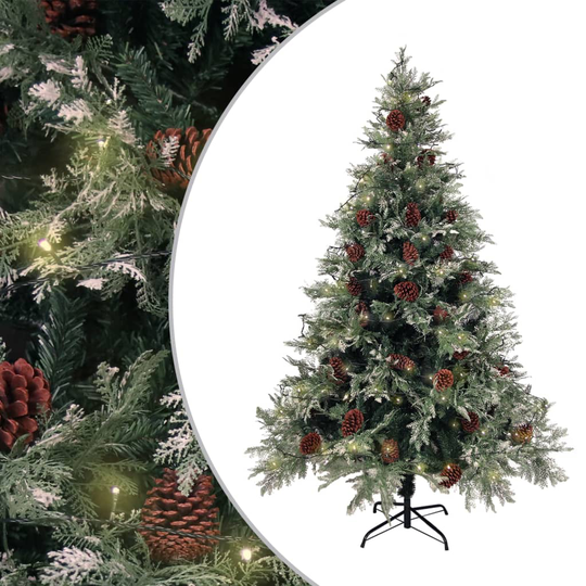 vidaXL Tekojoulukuusi LED ja kävyt vihreä/valkoinen 150 cm PVC ja PE