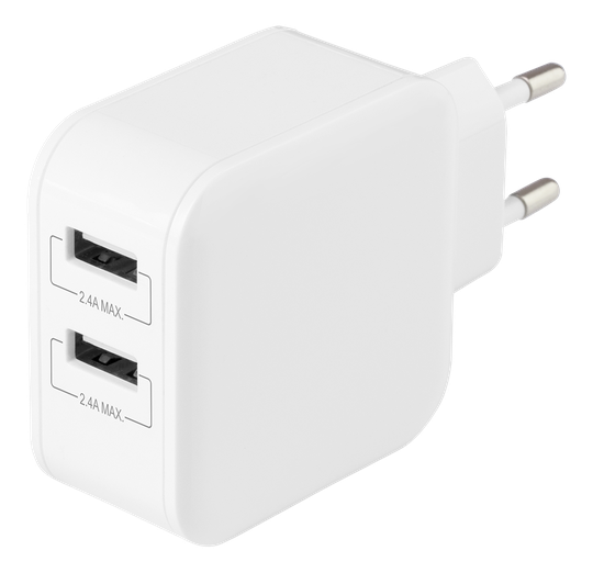 USB-seinälaturi, 2 X USB-A, 4,8 A, 24 W, Valkoinen