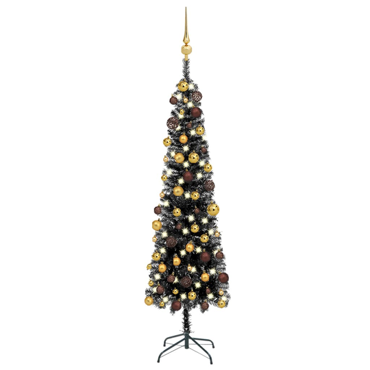 vidaXL Ohut joulukuusi LED-valoilla ja palloilla musta 120 cm