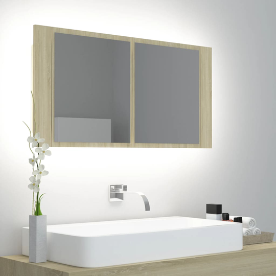 vidaXL Kylpyhuoneen LED peilikaappi Sonoma-tammi 90x12x45 cm akryyli