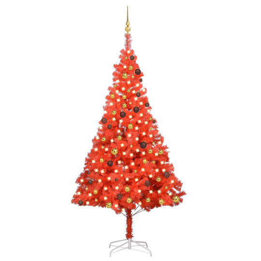 vidaXL Tekojoulukuusi LED-valoilla ja palloilla punainen 240 cm PVC