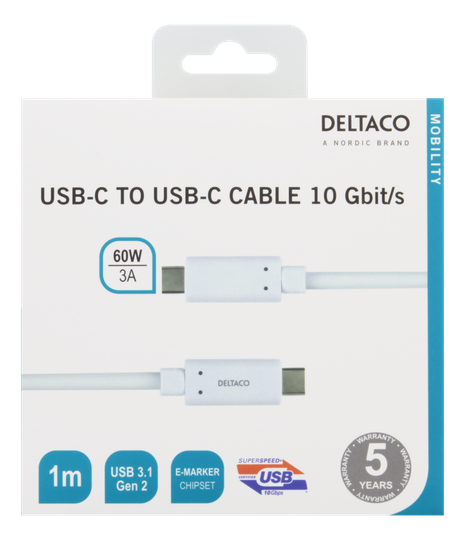 USB-C-kaapeli, 1 M, USB 3.1 Gen 2, 10 Gbps, 60 W, Valkoinen