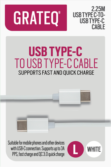 GRATEQ USB C - USB C LATAUSKAAPELI QUICK 2.25M VALKOINEN