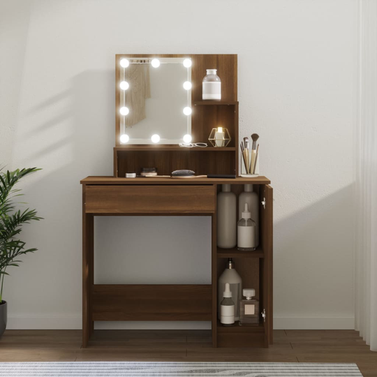 vidaXL Peilipöytä LED-valoilla ruskea tammi 86,5x35x136 cm
