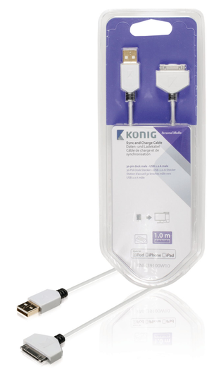 Synkronointi- ja latauskaapeli 30-nastainen telakkaliitin uros - USB 2.0 A -urosliitin 1 00 m valkoinen