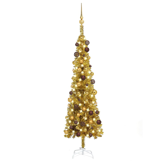 vidaXL Ohut joulukuusi LED-valoilla ja palloilla kulta 120 cm