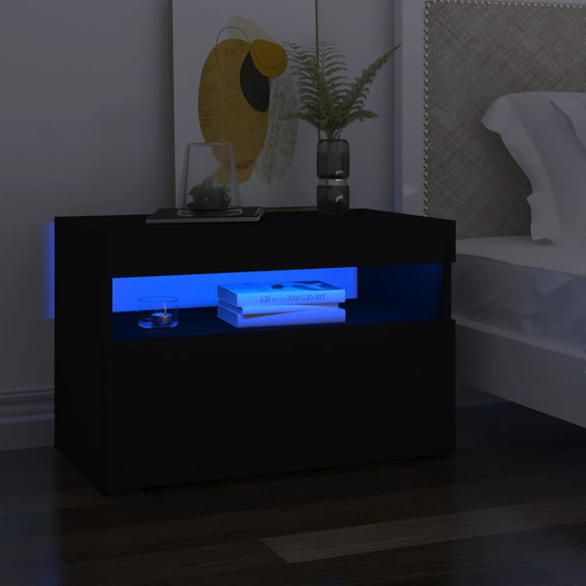 vidaXL Yöpöytä LED-valoilla 2 kpl musta 60x35x40 cm tekninen puu