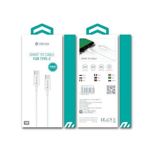 Devia Smart PD USB-C latauskaapeli 60W 3A - Valkoinen
