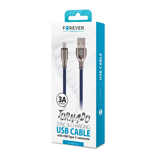 Forever Tornado USB-C lataus- ja synkronointikaapeli 1m 3A tummansininen