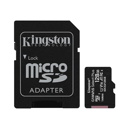 Kingston Muistikortti microSDXC Canvas Select Plus 128GB | Class 10 | UHS-I | 100 MB/s + sovitin