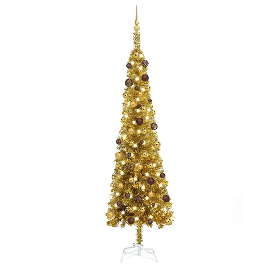 vidaXL Ohut joulukuusi LED-valoilla ja palloilla kulta 240 cm