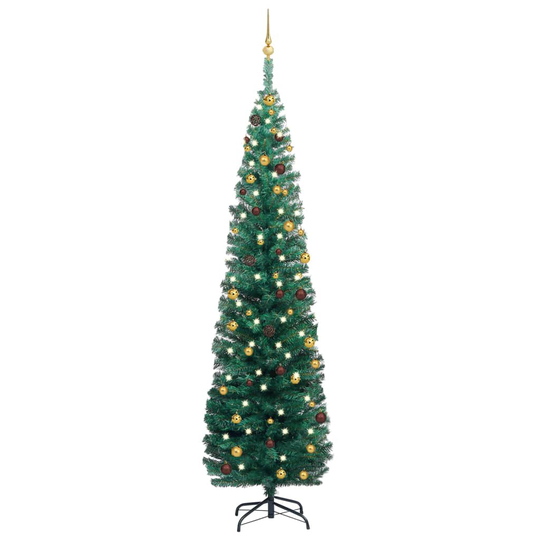 vidaXL Ohut tekojoulukuusi LED-valoilla ja palloilla vihreä 240 cm