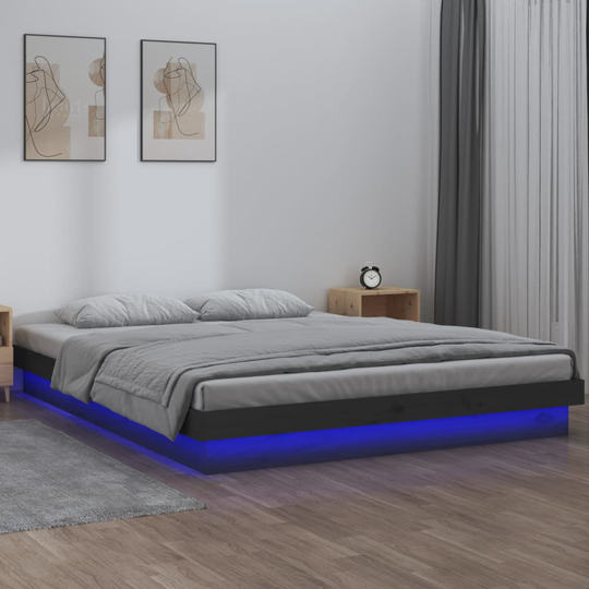 vidaXL Sängynrunko LED-valoilla harmaa 140x190 cm täysi puu