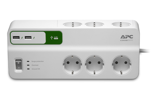 APC ESSENTIAL SURGEARREST 6 OUTLETS WITH 5V, 2.4A 2 PORT USB CHARGER, 230V GERMANY