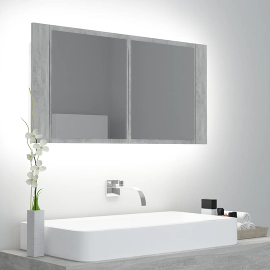 vidaXL Kylpyhuoneen LED peilikaappi betoninharmaa 90x12x45 cm akryyli