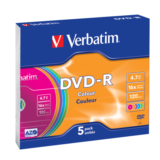 DVD-R, 16x, 4.7 GB/120 Min, 5-pack Slim Case, AZO, Colored