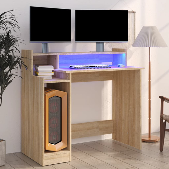 vidaXL Työpöytä LED-valoilla Sonoma-tammi 97x45x90 cm tekninen puu