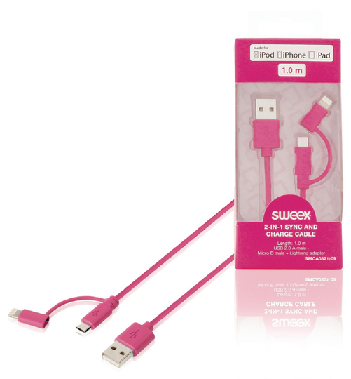 2-in-1-synkronointi- ja latauskaapeli USB 2.0 A -urosliitin - Micro B -urosliitin Lightning-sovitin liitettynä 1 00 m vaaleanpunainen
