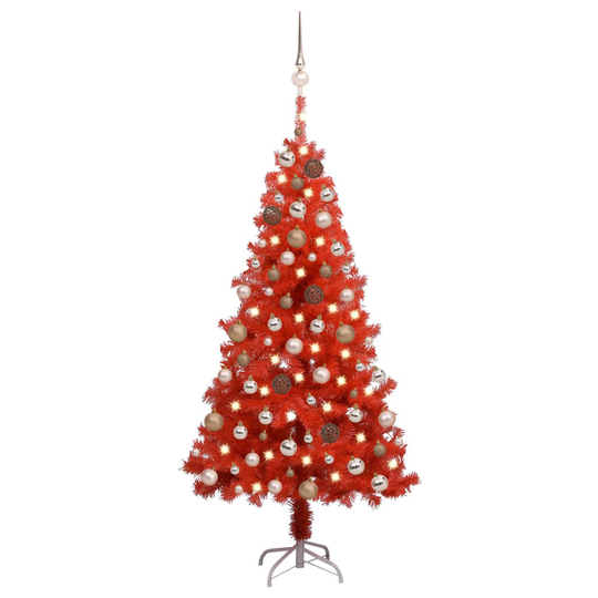 vidaXL Tekojoulukuusi LED-valoilla ja palloilla punainen 150 cm PVC
