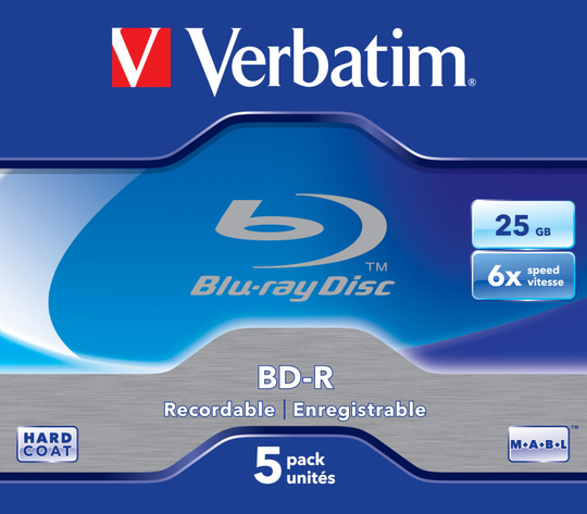 BD-R, 6x, 25 GB/200 Min, 5-pack Jewel Case Hard Coat MABL