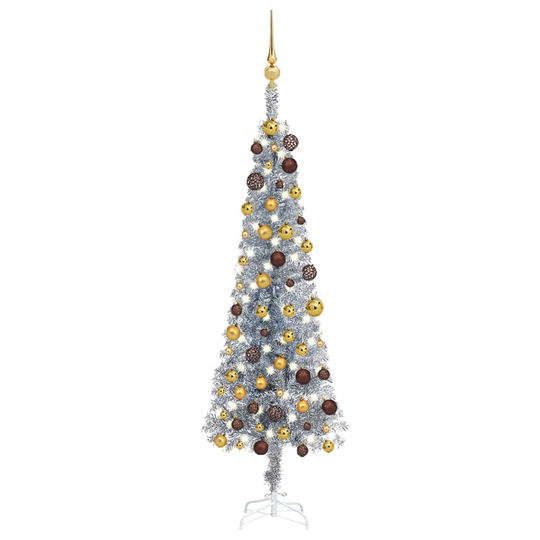 vidaXL Ohut joulukuusi LED-valoilla ja palloilla hopea 120 cm