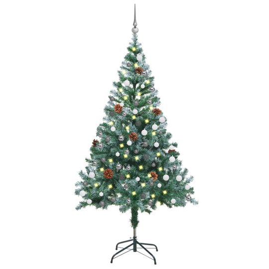 vidaXL Huurteinen joulukuusi LED-valoilla, palloilla ja kävyillä 150cm