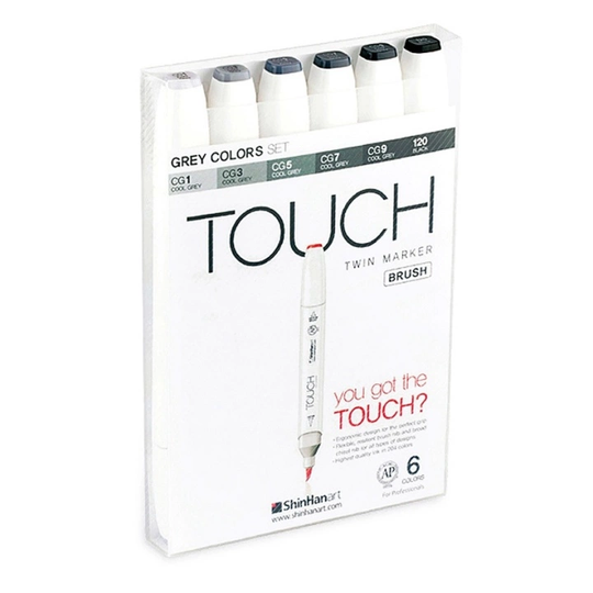 Touch Twin Brush Marker 6-setti Harmaa