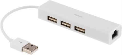 USB-hubi Ja -verkkosovitin, 10/100 Mbps, 1 X RJ45, 3 X Type A Naaras, Valkoinen