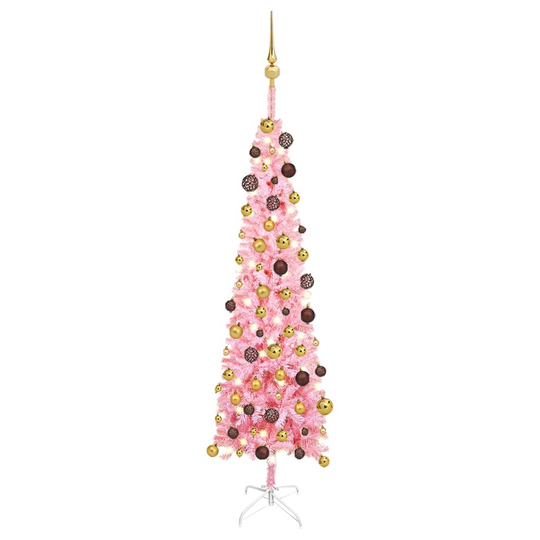 vidaXL Ohut joulukuusi LED-valoilla ja palloilla pinkki 150 cm