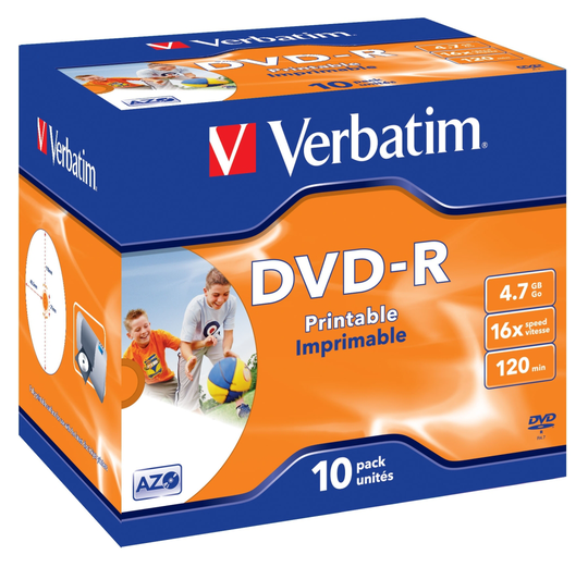 DVD-R, 16x, 4.7 GB/120 Min, 10-pack Jewel Case Printable Matt