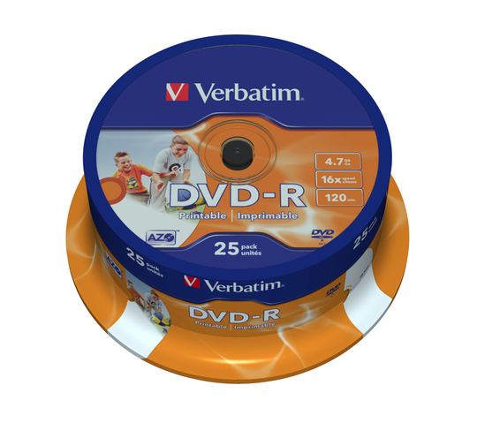 DVD-R, 16x, 4.7 GB/120 Min, 25-pack Spindel, AZO, Printable