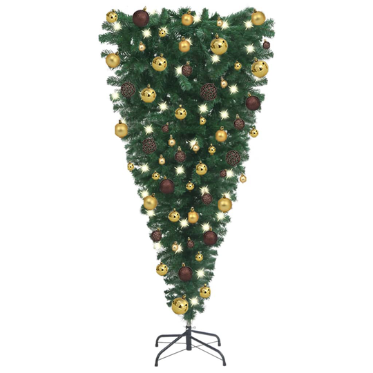 vidaXL Tekokuusi ylösalainen LED-valoilla ja palloilla 120 cm