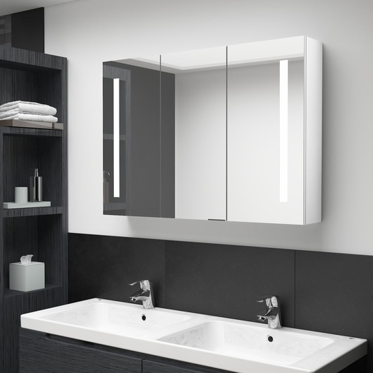 vidaXL LED kylpyhuoneen peilikaappi 89x14x62 cm kiiltävä valkoinen