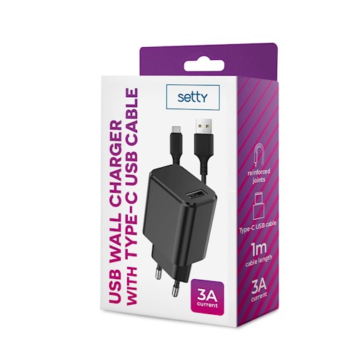 Setty USB-laturi + Type-C-kaapeli 1m 3A - Musta