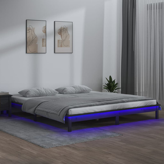 vidaXL Sängynrunko LED-valot harmaa 150x200 cm 5FT King Size täysi puu