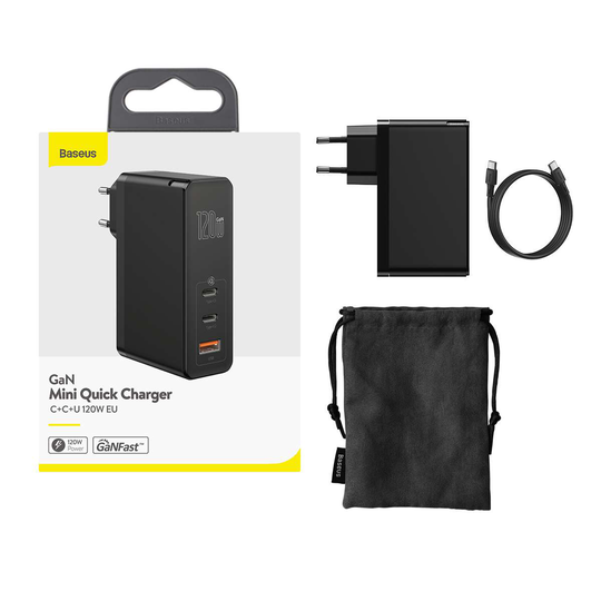 Baseus wall charger GaN2 Mini PD 120W 2x USB-C 1x USB black + USB-C - USB-C cable