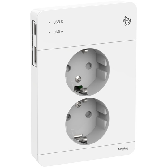 SCHNEIDER ELECTRIC EXXACT 2-PISTORASIA PEITELEVYLLÄ + 2X USB LATAUS A+C 3 A VALKOINEN