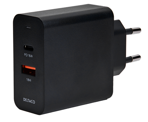 Kahden Portin USB-seinälaturi, PD, 1 X USB-A, 1 X USB-C, PD, 36 W, Musta