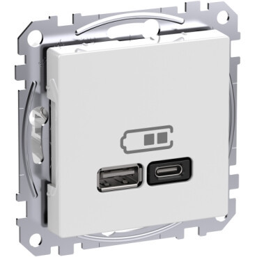 SCHNEIDER ELECTRIC EXXACT USB-A+C LATAUSPISTORASIA POWER DELIVERY LATAUSTEKNIIKALLA VALKOINEN